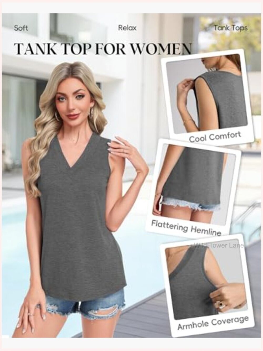 3 Pack Sleeveless V Neck Tank Tops Loose Fit Flowy Summer Tops - Picture 4 of 7